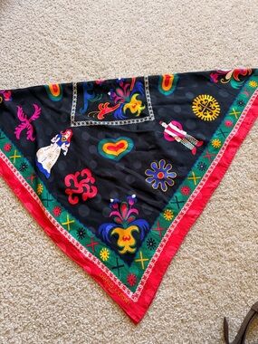 Charles Jourdan Black Silk Scarf with Multicolor Folk Motifs
